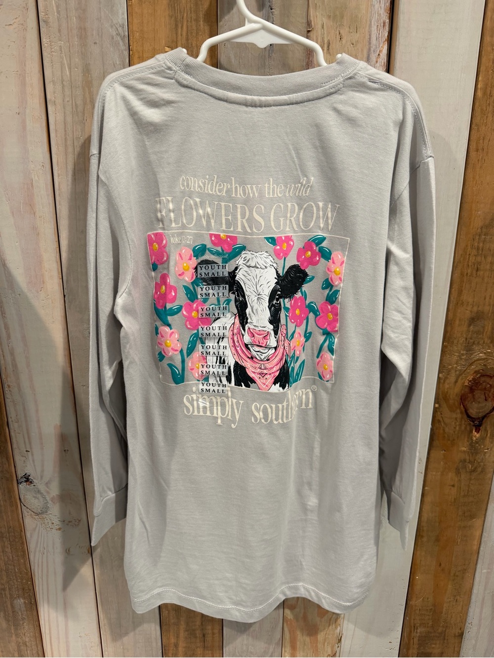 Youth Small Girls Simply Southern Light Gray Graphic Tee with Black Cow Print